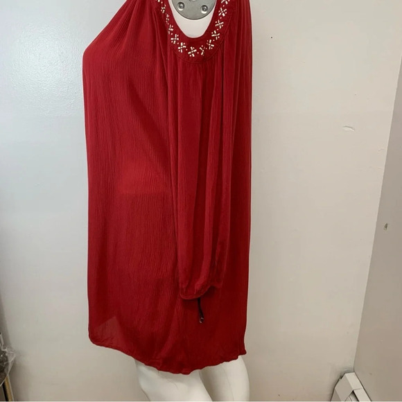 Knox Rose Gauzy Dress XXL  Red Beaded Cold Shoulder Below Knee Long Sleeve Hi Lo - Picture 4 of 10